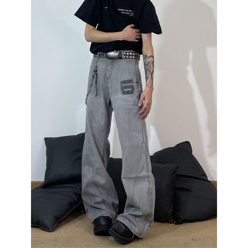 American High Street Style Washed Deconstructed Curved Blade Jeans For Men, Distressed And Vintage Style, With Vibe Letter Print_mkmklike.com
