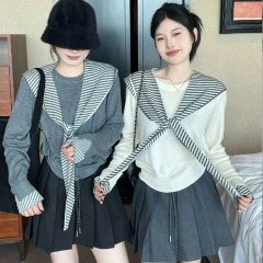 韩系学院风条纹披肩长袖针织衫女早秋季穿搭宽松显瘦时尚休闲上衣