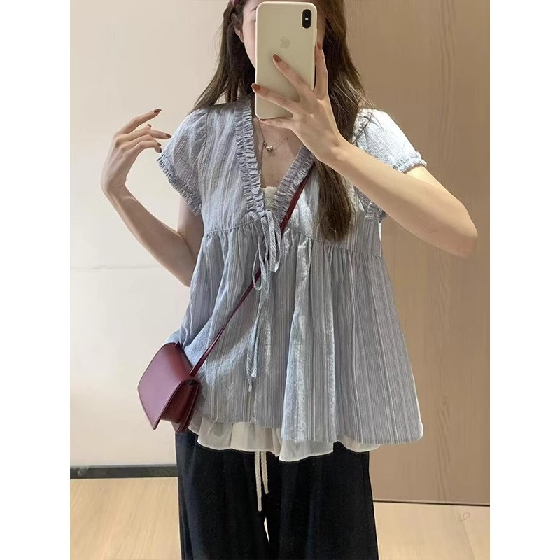 Áo sơ mi nữ giả hai mảnh tay ngắn sọc mỏng form rộng — Màu xanh lam