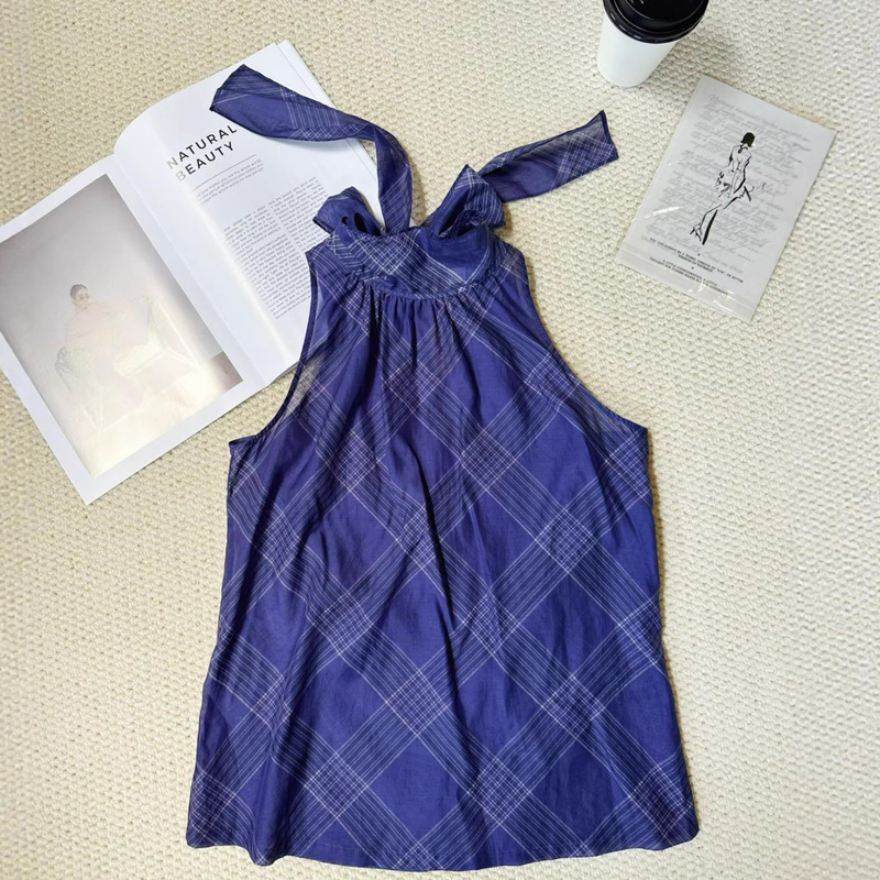 In Stock / Same Style as for Homebodies: Blue and Purple Plaid Stand-Up Collar Sleeveless Top with Fold-Over Ribbon