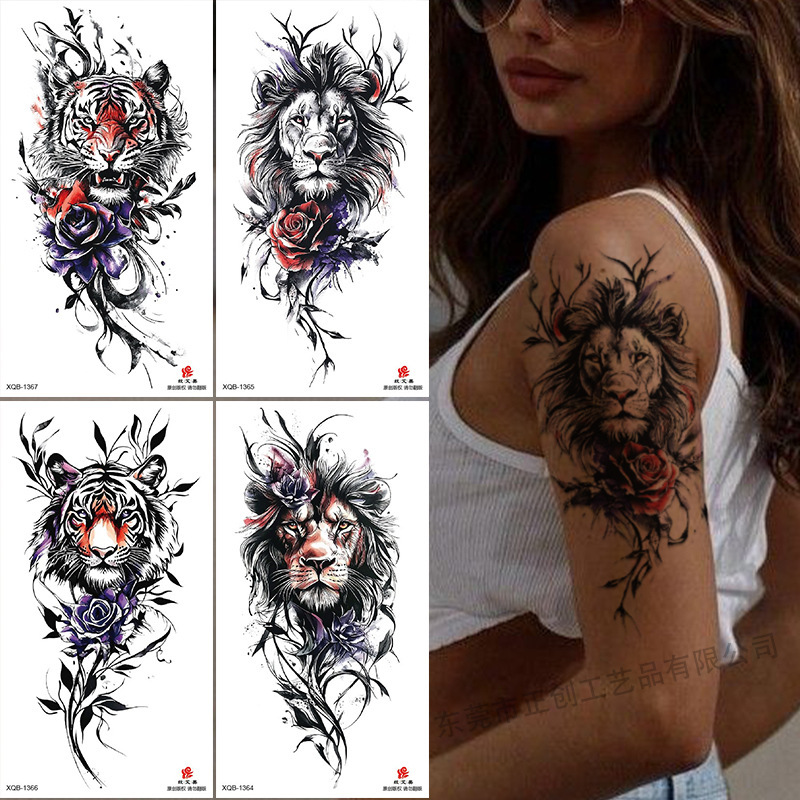 New Cross-Border Tattoo Stickers Animal Flower Arm Waterproof Stickers Lion Tiger Jackal Temporary Tattoo Waterproof Realistic