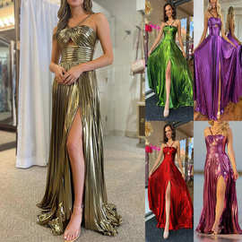 亚马逊独立站欧美女装跨境连衣裙性感晚礼服开叉无袖烫金露背8120