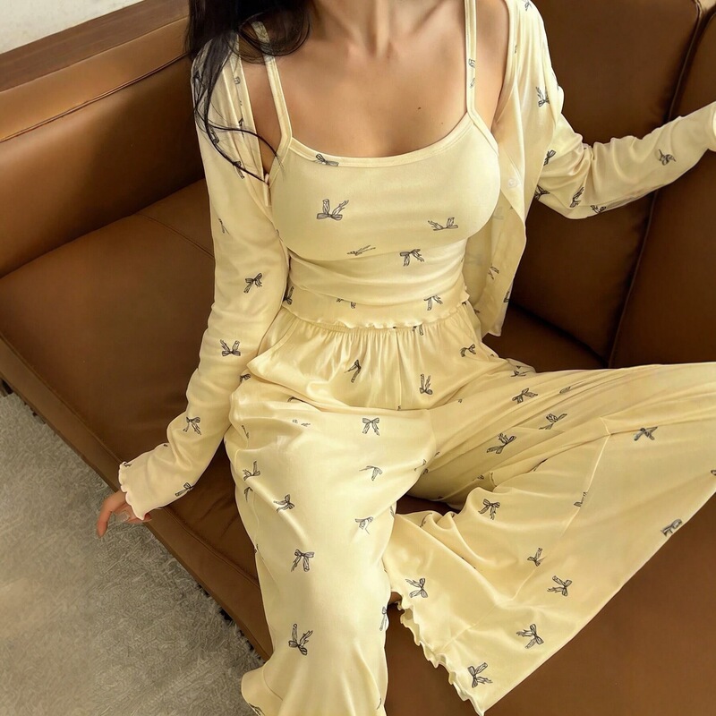 European and American ins-style gentle bow home three-piece set: camisole, cardigan, and ruffled wide-leg comfortable pajama set