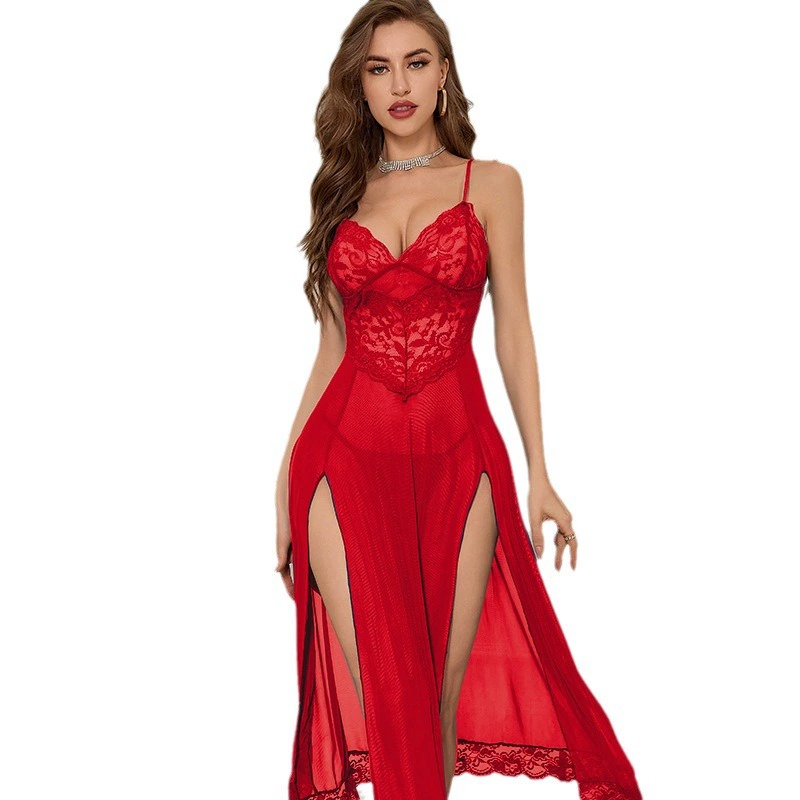 Long Lingerie Slip, Lace Bodice with High Side Slits, Adjustable Spaghetti Straps — S–XXL