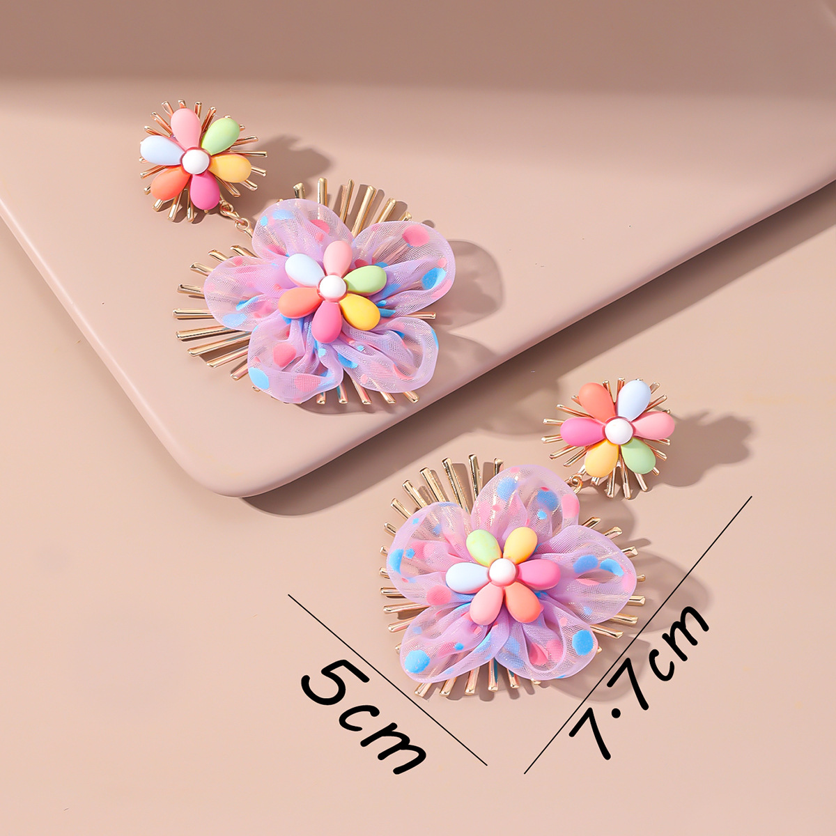 2022 Printemps Nouvelle Couleur De Sucrerie De Mousseline De Soie Fleur Pendentif Coeur Boucles D'oreilles display picture 3