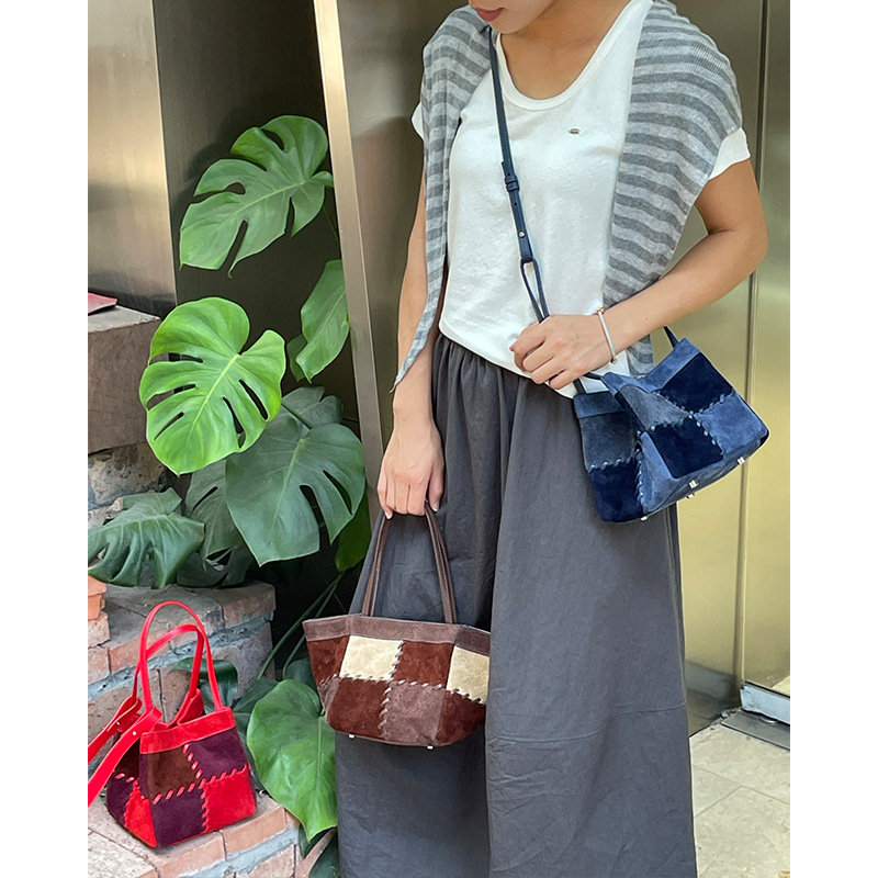 Niche New Retro Matte Cowhide Basket Handbag Contrast Color Dice Bag Fashion Shoulder Bag For Women - Thumbnail 2