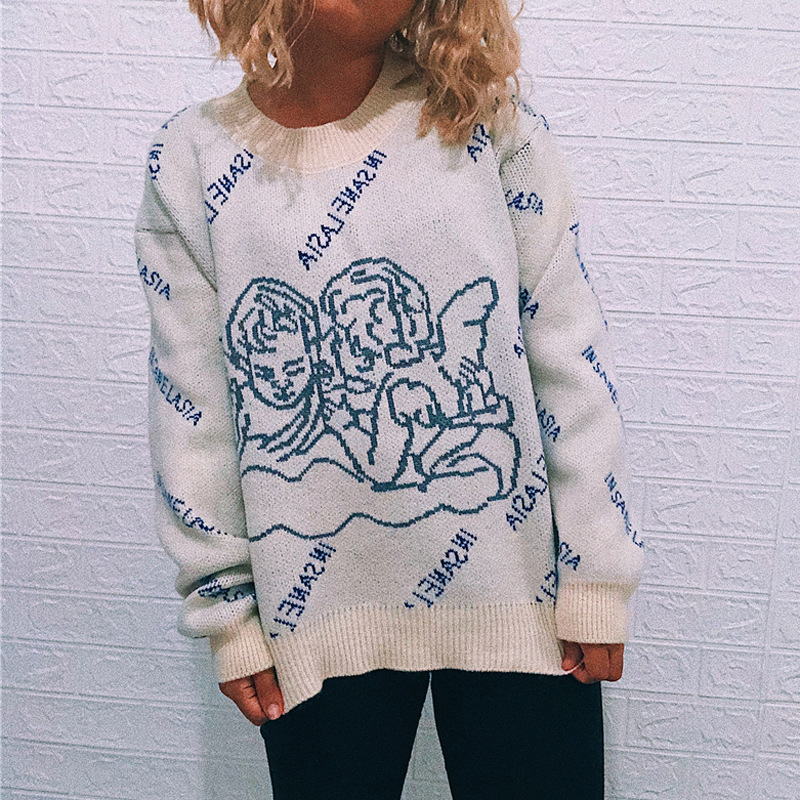 Angel Letter Print Loose Round Neck Long-Sleeved Knitted Sweater NSSX104240