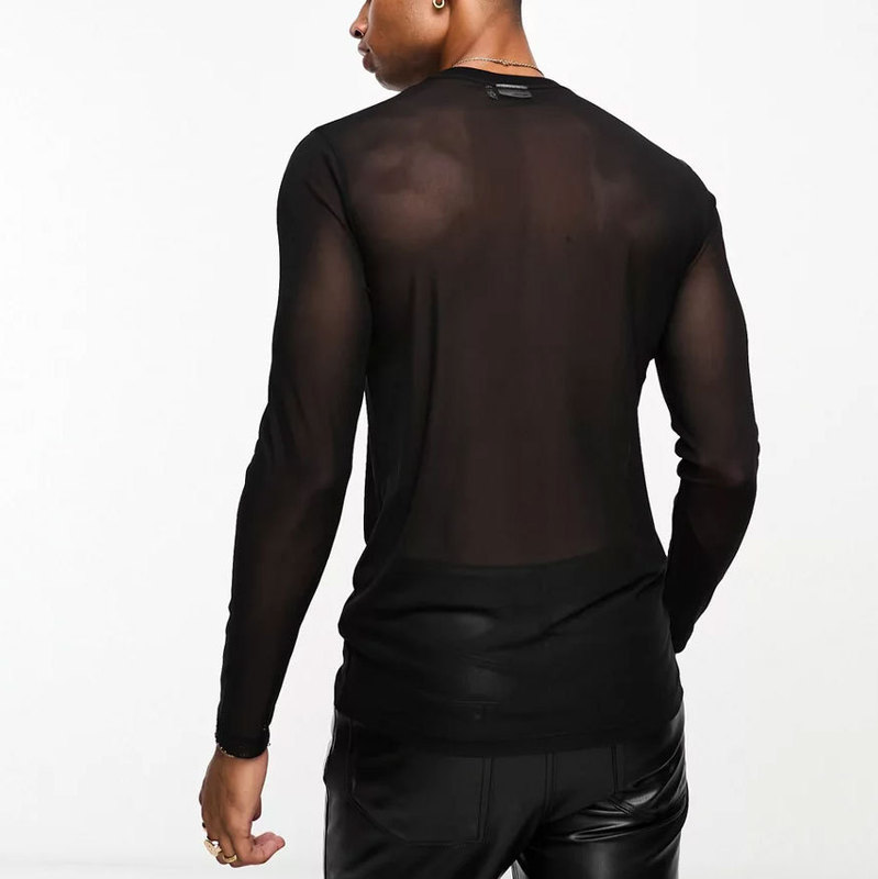 Mesh long sleeve drop-shoulder see-through T-shirt men's sexy nightclub clothes fitness breathable mesh bottoming shirt men's performance clothes
