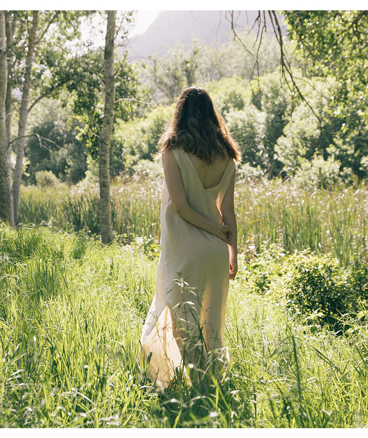 Summer Casual Front Back V Neck Dress Linen Sleeveless High Waist Split Knee Length Backless Cotton Linen Vest Dress