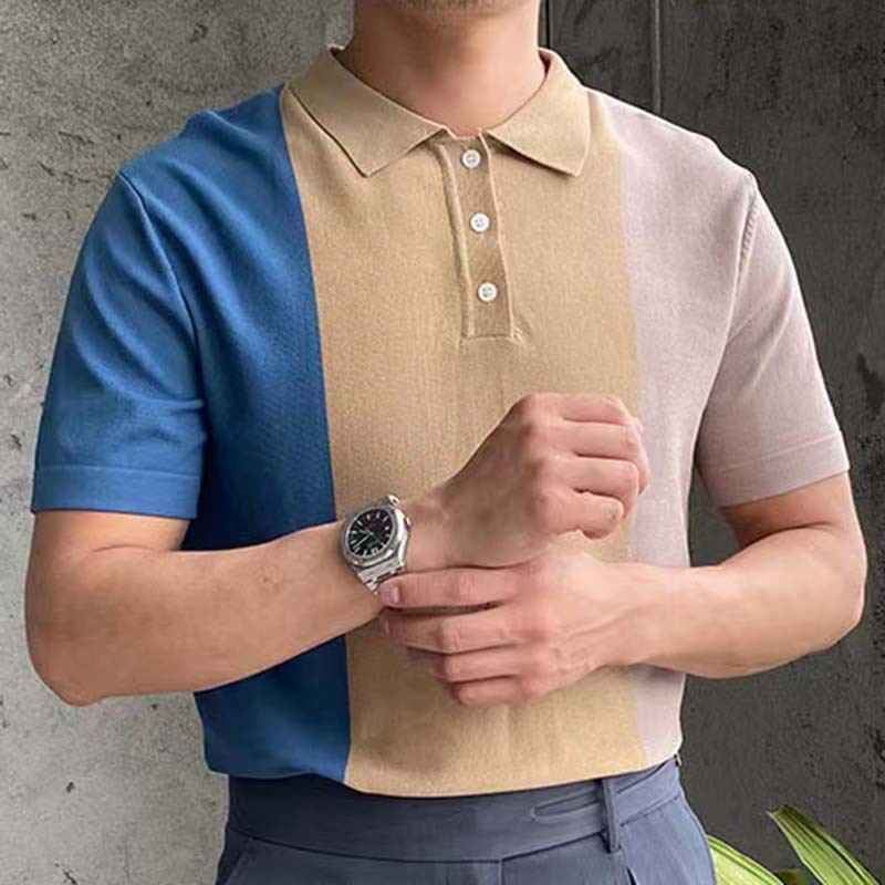 2024 New Men's Summer Contrast Spliced Men's Knitwear Short Sleeved Business Polo Shirt_voghion.com