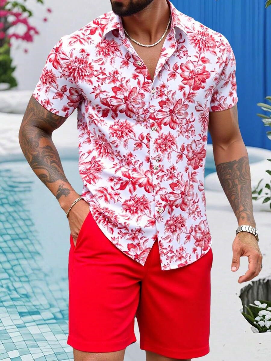 Men's Summer Beach Shorts Set With 3D Digital Print Black White Contrast Vacation Style Casual Short Sleeve_viptrois.com