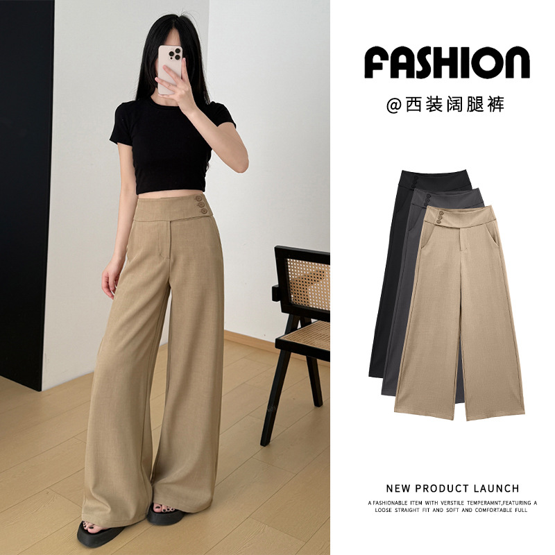 Old Money Style Three-Button Women's Suit Pants, Spring and Summer High-Waisted Loose Slimming Wide-Leg Pants with Drape Effect, Straight Casual Long Pants