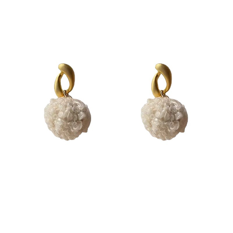 Korean fashion lamb wool plush ball earrings new niche geometric all match silver needle earrings trend_voghion.com