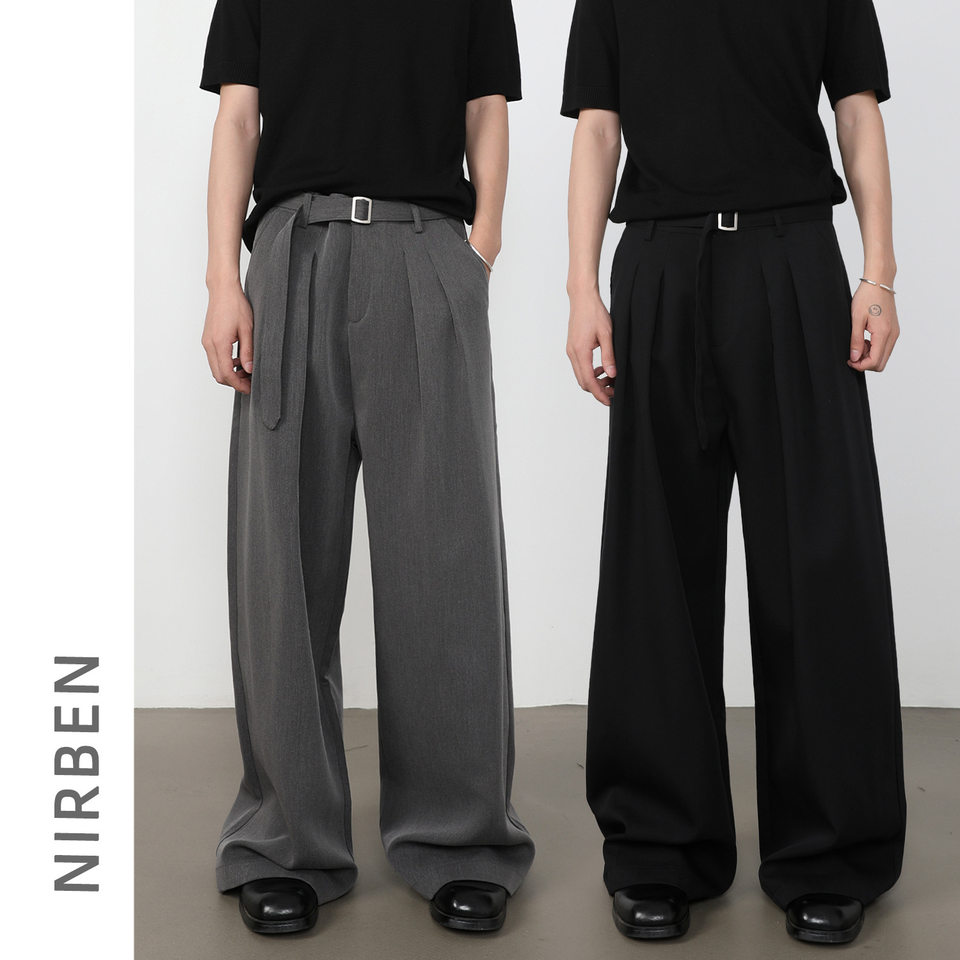 Quần tây nam dáng chữ A xếp ly đôi, cắt may 3D, vải rủ màu trơn, quần dài casual — màu xám, màu đen