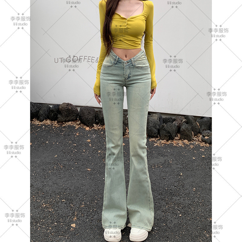 辣妹低腰V腰微喇牛仔裤女2025年秋季新款显瘦弹力提臀怀旧喇叭裤|undefined