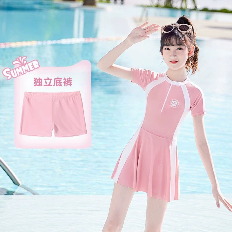 Детский купальник, цельный купальник с короткими рукавами для девочек для маленьких, средних и больших детей, милый купальник корейской принцессы, 1 комплект