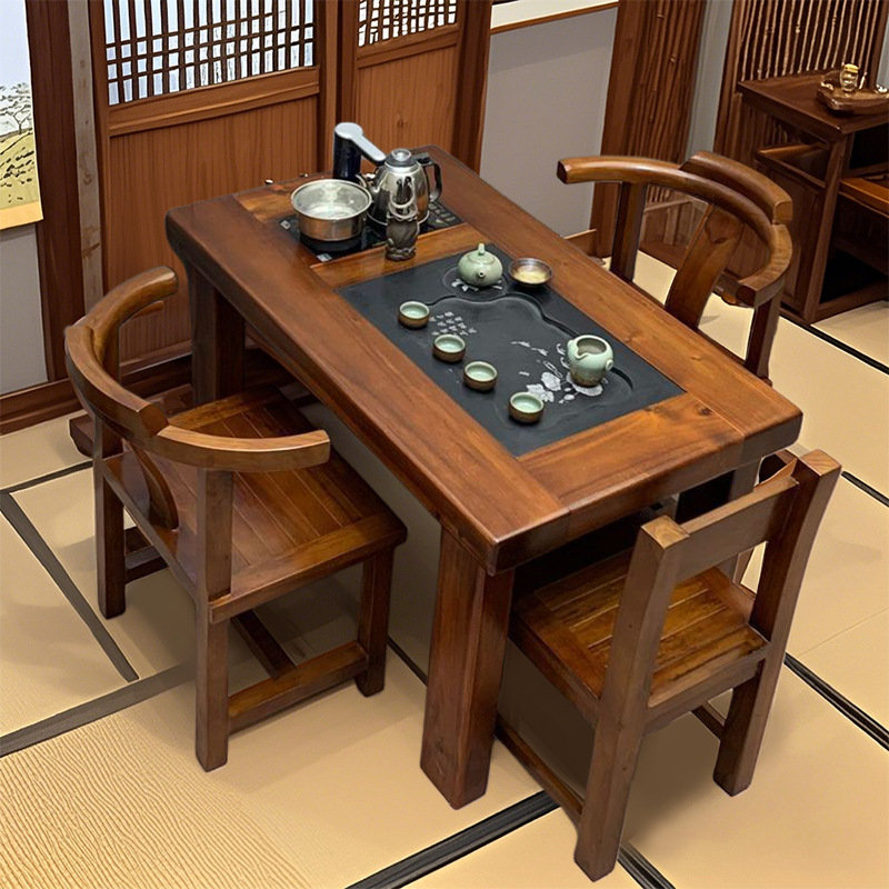 Old Boat Wood Balcony Small Tea Table and Chair Combination Living Room Pure Solid Wood Coffee Table Tea Table Office Tea Table Small Apartment Home