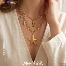 欧美复古轻奢氛围感 不锈钢镀18k金双层海星仿珍珠吊坠项链饰品女