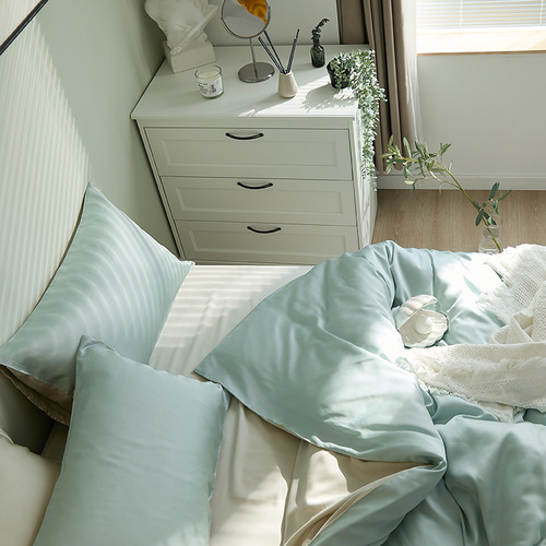 Internet celebrity ins style solid color tencel double color matching four piece set small fresh bed sheets fitted sheet quilt cover dormitory group purchase
