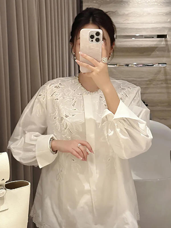时尚新中式国风气质镂空刺绣衬衫秋季新款百搭显瘦上衣女 N8064|undefined