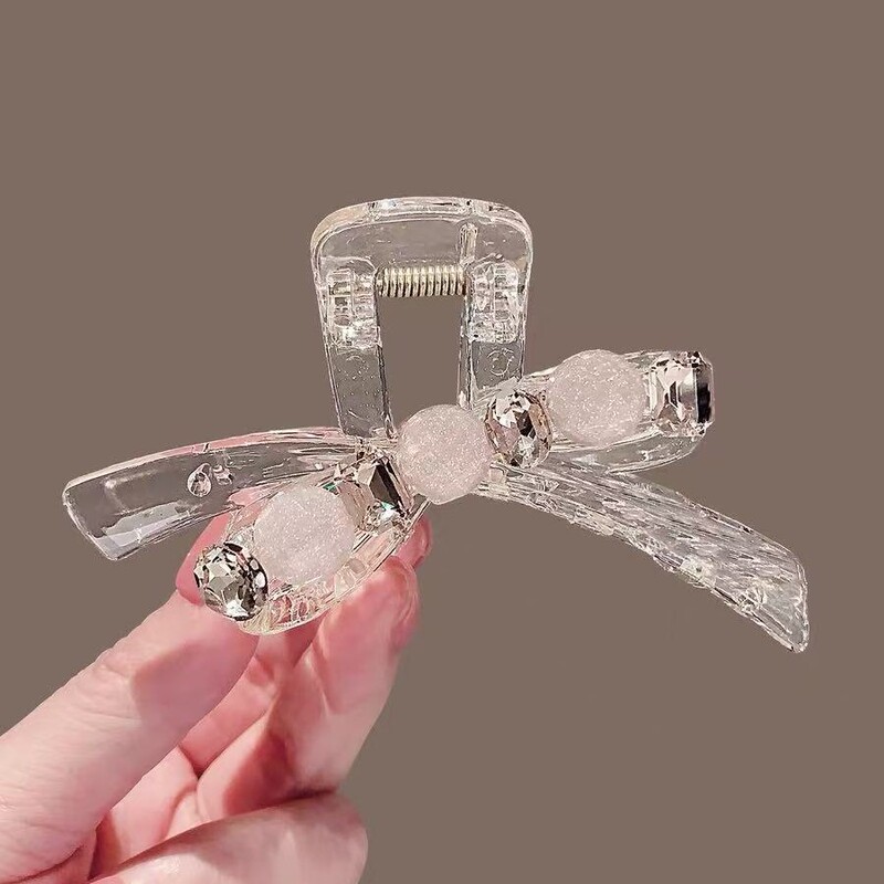 New Acrylic Rhinestone Bow Hair Clip for Women, Trendy Sweet Hair Accessory, Half-Hair Grabber, Shark Clip