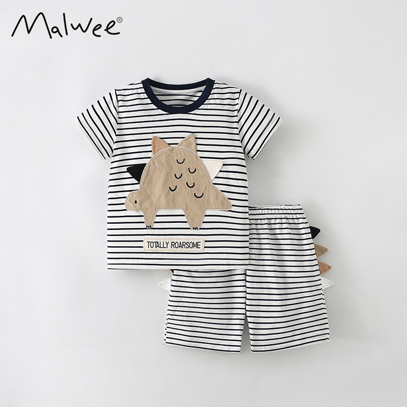 Malwee niño conjunto de rayas de verano nuevo estilo europeo y americano para niños cuello redondo casual pantalones de cintura elásticos de manga corta
