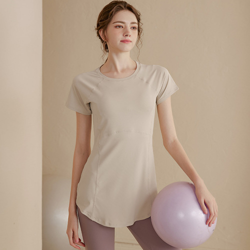  new yoga clothes for women, mid-length, hip-covering, slimming, short-sleeved T-shirts, running sports tops, fitness clothes for summer