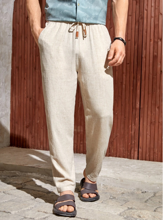Men's Casual Cotton-linen Drawstring Trousers Breathable Fit_voghion.com