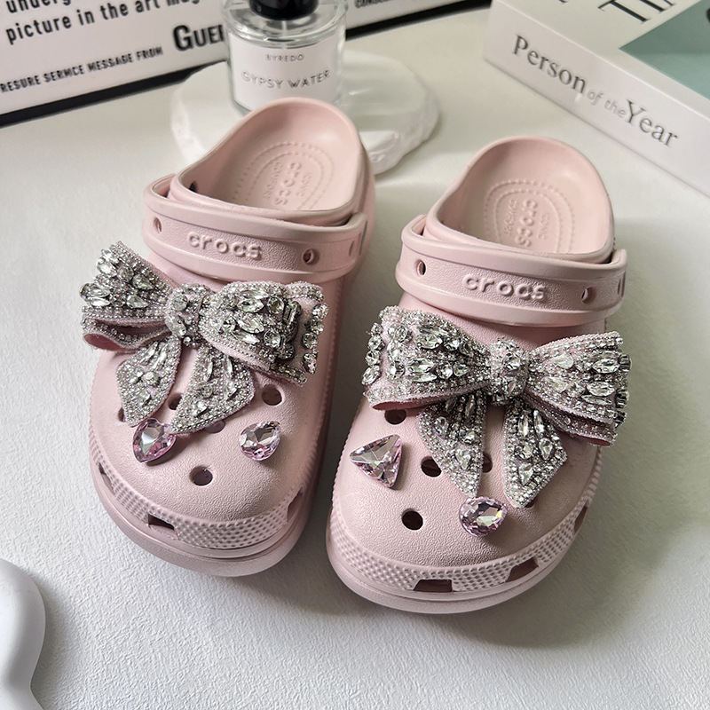 Hole shoes accessories pink rhinestone high-end silver bow women's shoes flower jewelry diy shoe buckle accessories buckle