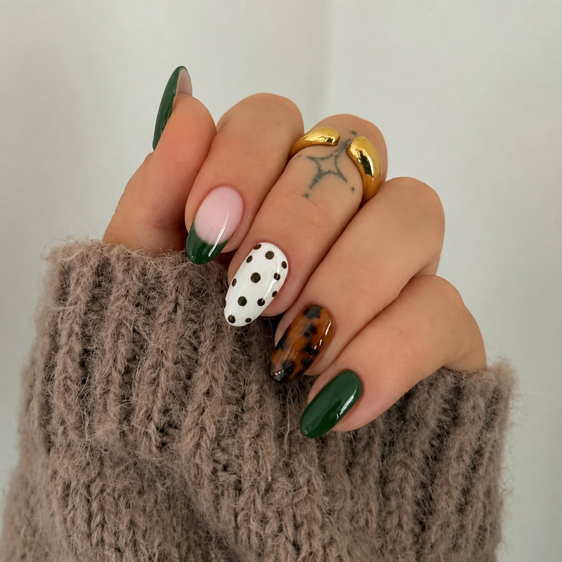 X-0526 Cross-Border Nail Art with Amber Leopard Print, Deep Brown Polka Dots, and a Mix of Polka Dots That Are Both Sweet and Cool, and Add a Sense of Elegance. Wearable Nail Art
