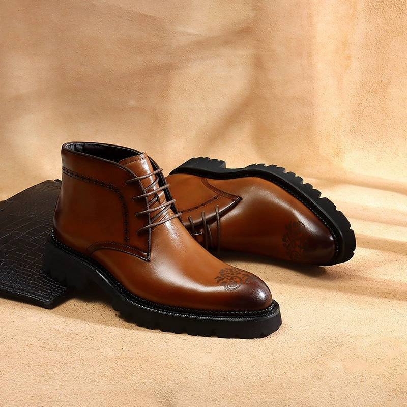 Мужские толстые подошвы модные кожаные сапоги с резной шнуровкой