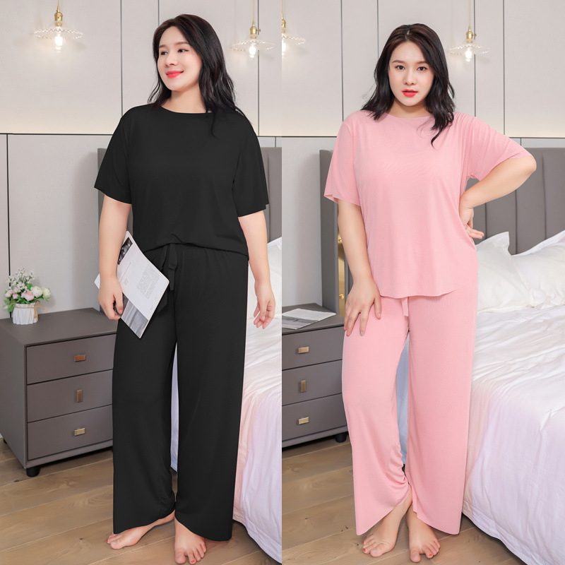 Summer large size short sleeve pants suit women's 200kg fat mm loose home clothing plus fat increase Ice Silk casual pajamas