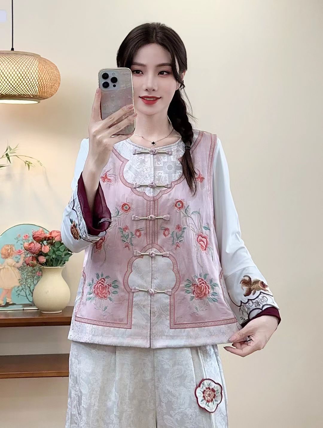2026 primavera nueva suelta damas casuales de mediana edad collar bordado nacional de viento camisa de chaleco sin mangas image 1