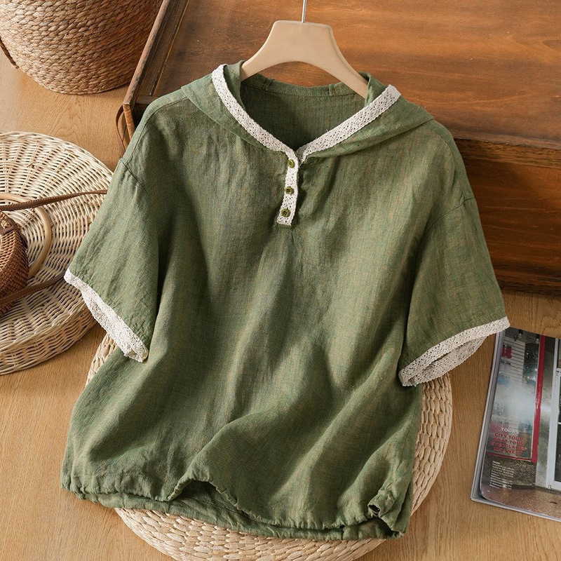 Pastoral Style Green Color This Year's Summer New Women's Short-Sleeve Retro Artistic Hooded Color-Block Pullover T-Shirt Pastoral Style Green Color This Year's Summer New Women's Short-Sleeve Retro Artistic Hooded Color-Block Pullover T-Shirt