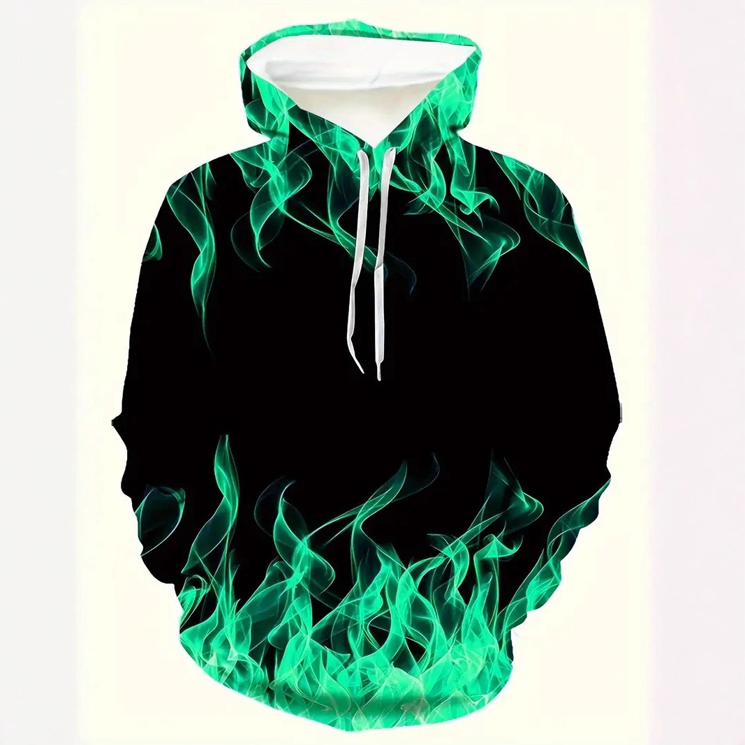 Pull à capuche 3D pour homme, imprimé numérique, motif éclair et flamme, manches longues._voghion.com