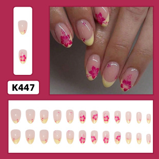 Xiyin's Popular Manicure, Small Almond Style, Cross-Border Short French Red Flower Oval Nails, Removable Wearable Nails
