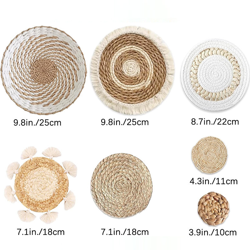 Juego de cesta de pared bohemia, decoración de paja tejida a mano para entrada, sala de estar y B&B, adornos colgantes