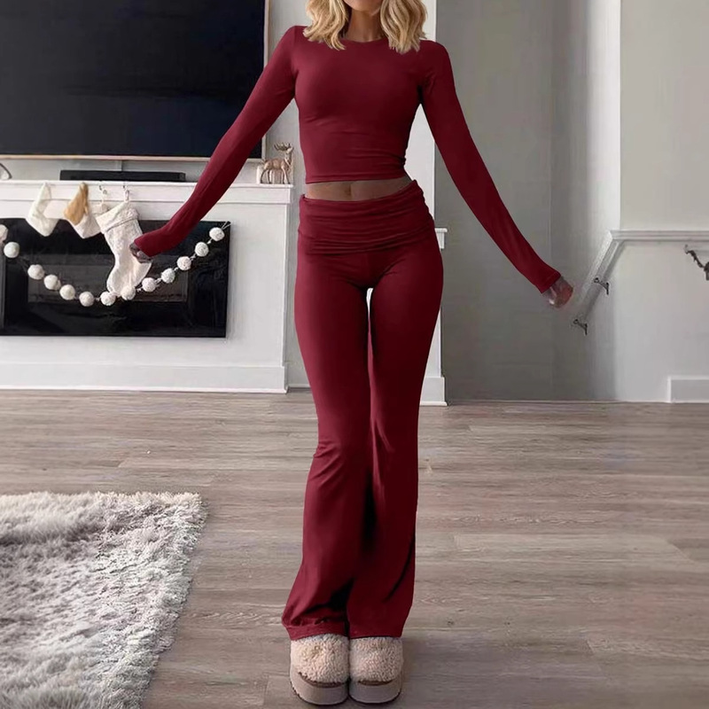 European and American Cross-Border Amazon Women's Modal Ribbed Tight-Fitting Casual Round-Neck Long-Sleeve Long-Pants Set