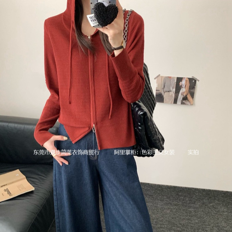 With 9 Wool Spring Autumn Winter Han Fan Hooded Double Zipper Knitted Sweater Knitted Sweater Cardigan Stacked Casual Jacket Women With 9 Wool Spring Autumn Winter Han Fan Hooded Double Zipper Knitted Sweater Knitted Sweater Cardigan Stacked Casual Jacket Women