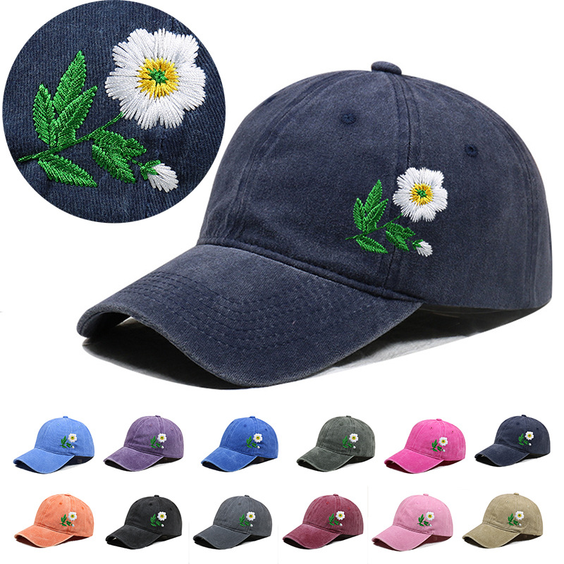 跨境仿手繡花棒球帽復古水洗植物刺繡鴨舌帽夏季女士遮陽帽爸爸帽