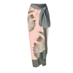 Pink Printed Wrap Skirt with Feather Pattern Lace-Up Skirt Bikini Anti-Exposure One-Piece Skirt European and American