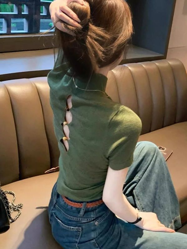 Green Half Turtleneck Mid-Sleeve Cut Out Knitwear for Women in Spring & Fall Design Slim Inner Layering Shirt Super Nice Top