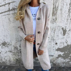 ヨーロッパとアメリカの国境を越えた対外貿易婦人服秋と冬のセーターカーディガンファッショナブルなロングボタンフード付きニットジャケット女性用ポケット付き