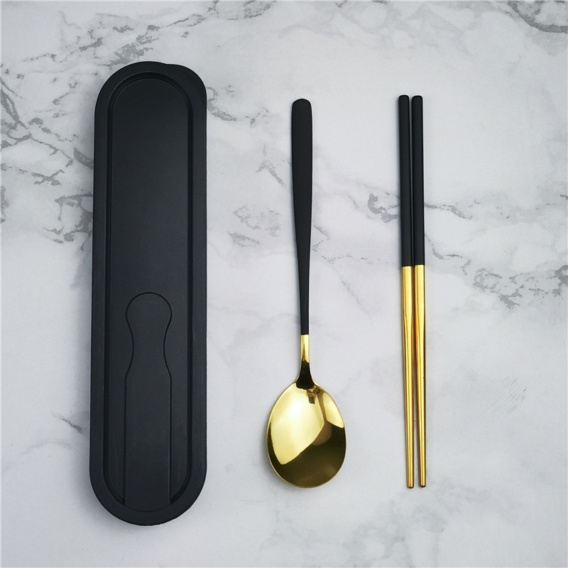 304 de acero inoxidable vajilla estilo coreano palillos conjunto de tres piezas traje portátil estudiante comedor al aire libre logotipo impreso