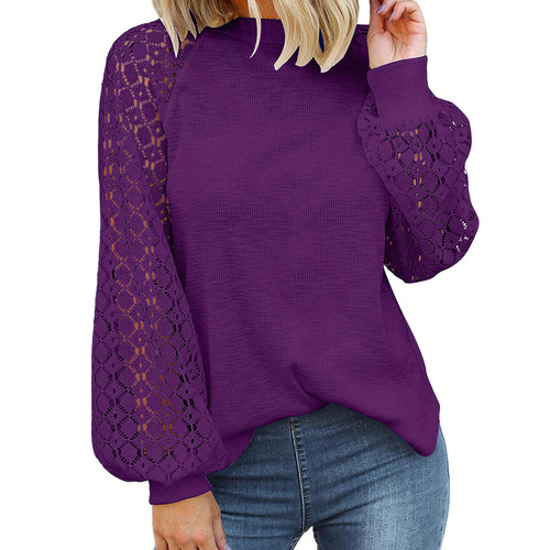 European and American New Independent Website Round-Neck Long-Sleeved Lace-Matching Loose Top for Women