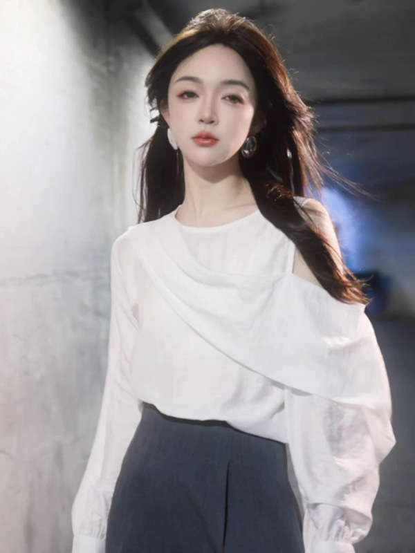 法式小资白色露肩长袖衬衫女早秋2025新款高级感不规则设计感上衣|undefined