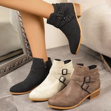 跨境四季款外贸大码女鞋英伦风纯色尖头休闲侧拉链低跟短靴女批发