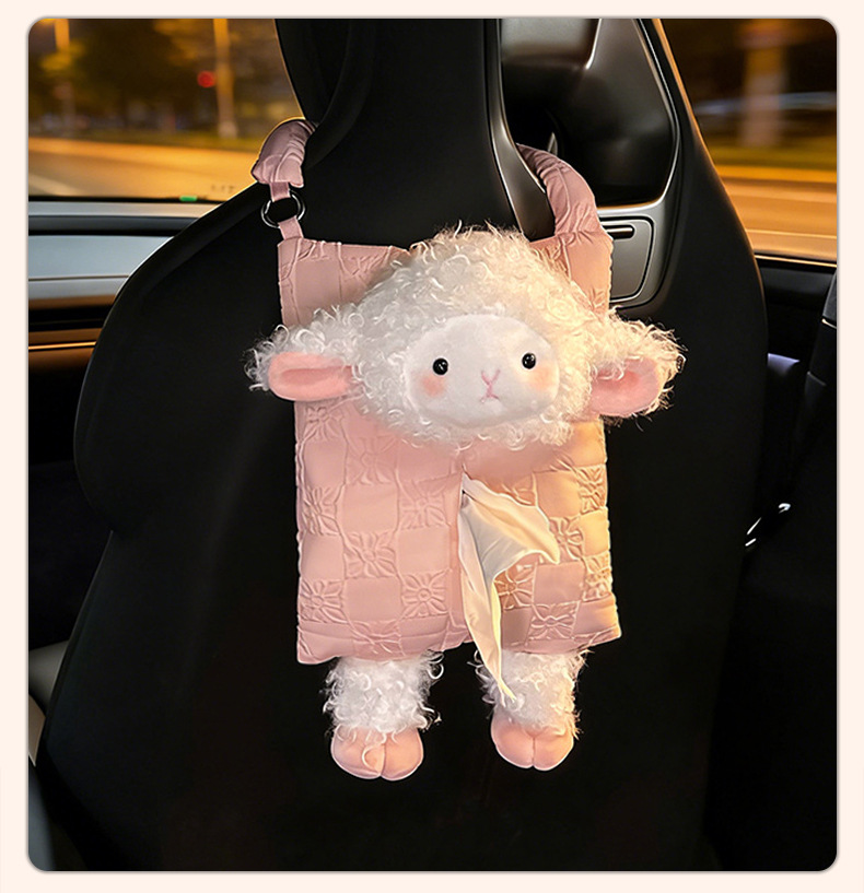 Car tissue box cute little sheep multifunctional hanging tissue bag for car, popular plush toy car tissue box