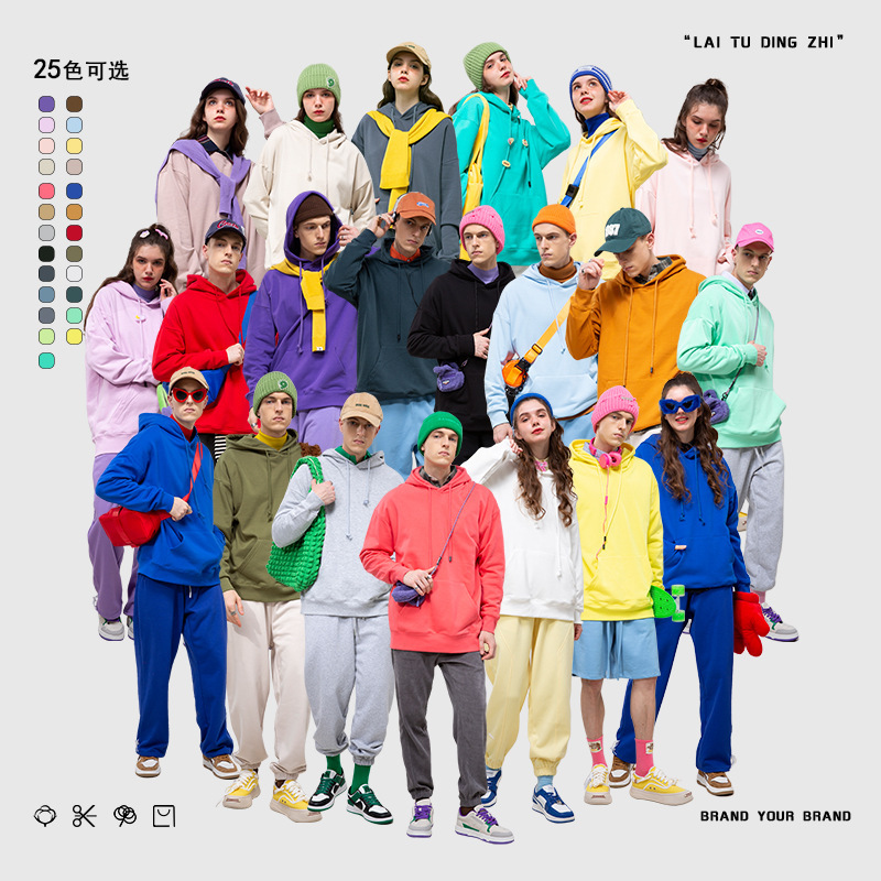 Mingqi clothing 380g hooded sweater heavy cotton solid color sports casual men's and women's same round neck fashion brand candy color