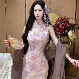 汝紫可美新中式清冷感显瘦改良旗袍紫色碎花修身小众连衣裙女其他